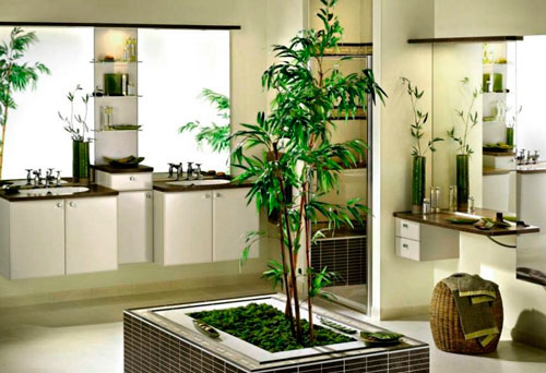 Растительность в ванной - явление необычное, но это идеально подходит к этно стилю
